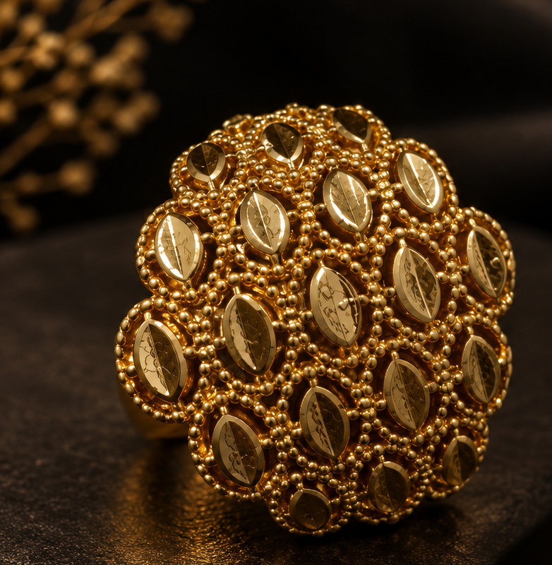 Gold Full Dome Beaded Kundan Ring
