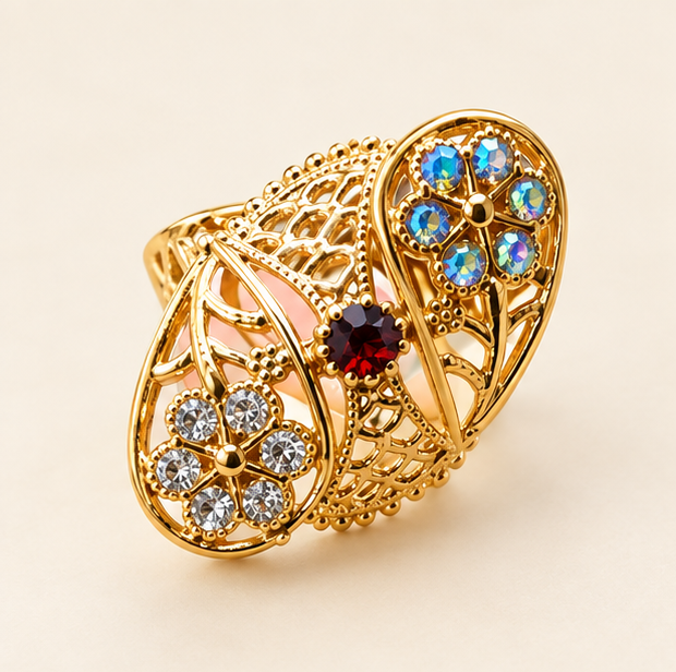 Gold Dual Teardrop Filigree Crystal Ring