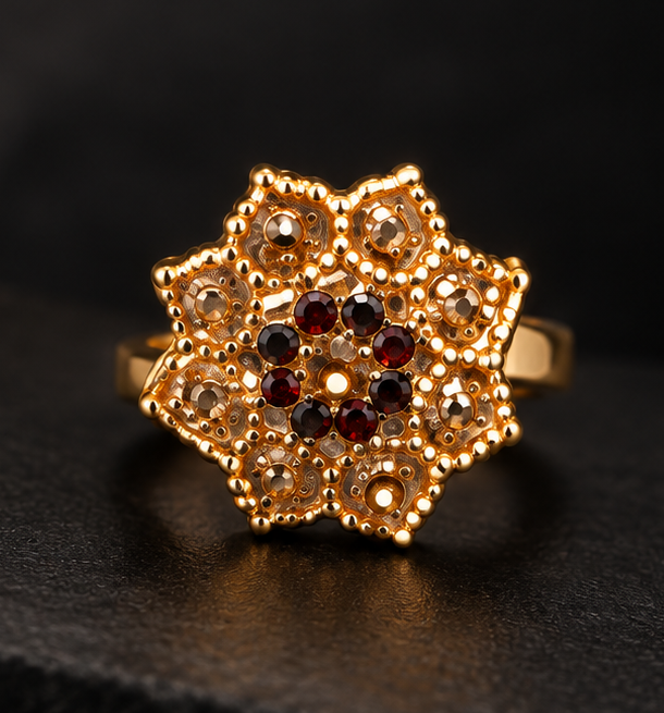 Gold Eight-Petal Floral Ruby Cluster Ring
