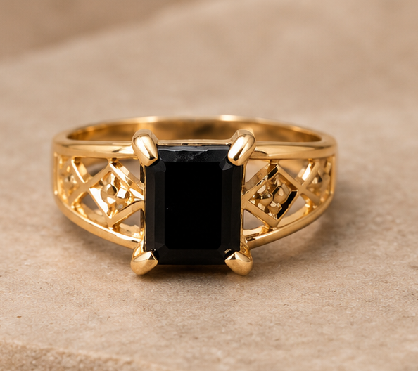 Gold Filigree Band Black Emerald-Cut Stone Ring
