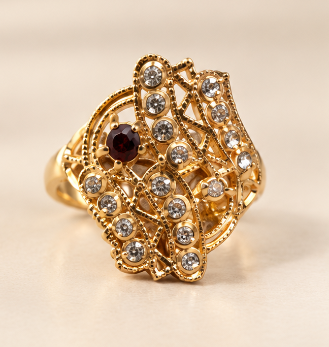 Gold Abstract Filigree Mesh Crystal Ring