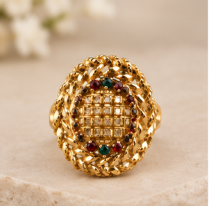 Gold Oval Dome Braided Border Gemstone Ring