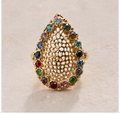 Gold Teardrop Dome Rainbow Gemstone Border Ring