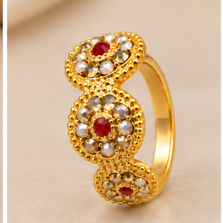 Gold Triple Floral Pearl & Ruby Ring