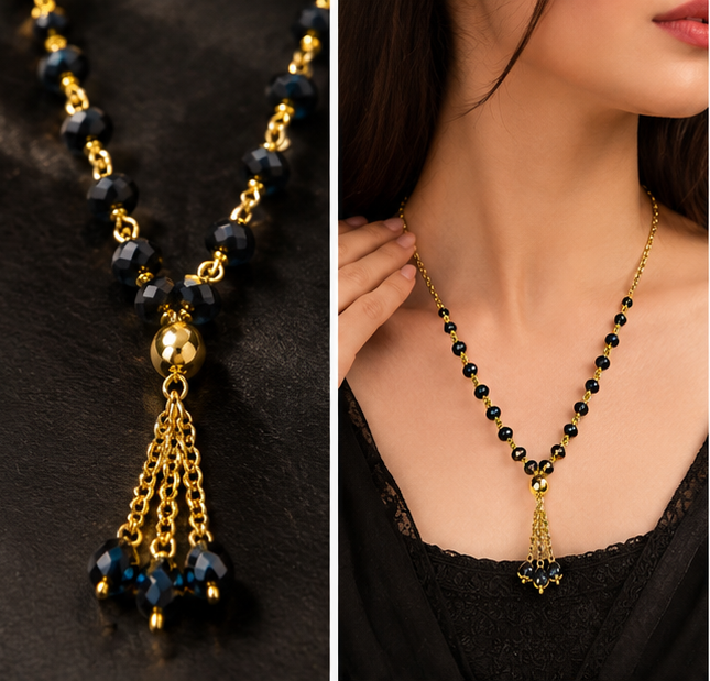 Black Crystal Bead Gold Tassel Necklace