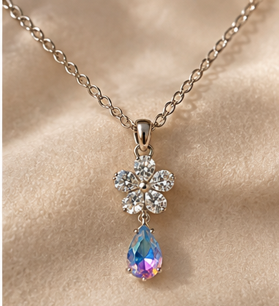 Gold Crystal Flower Aurora Teardrop Necklace