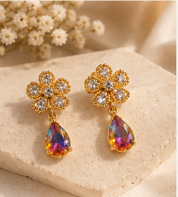 Gold Crystal Flower Aurora Teardrop Earrings