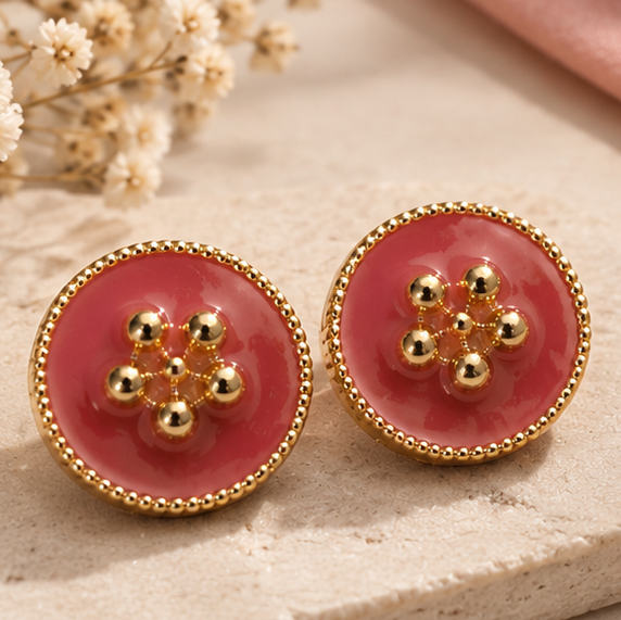 Pink Enamel Gold Flower Cluster Stud Earrings