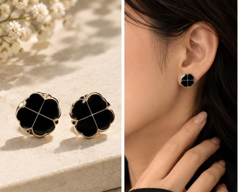 Black Enamel Gold Clover Stud Earrings