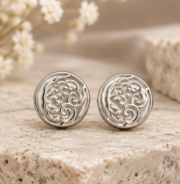 Silver Vintage Floral Scroll Coin Stud Earrings