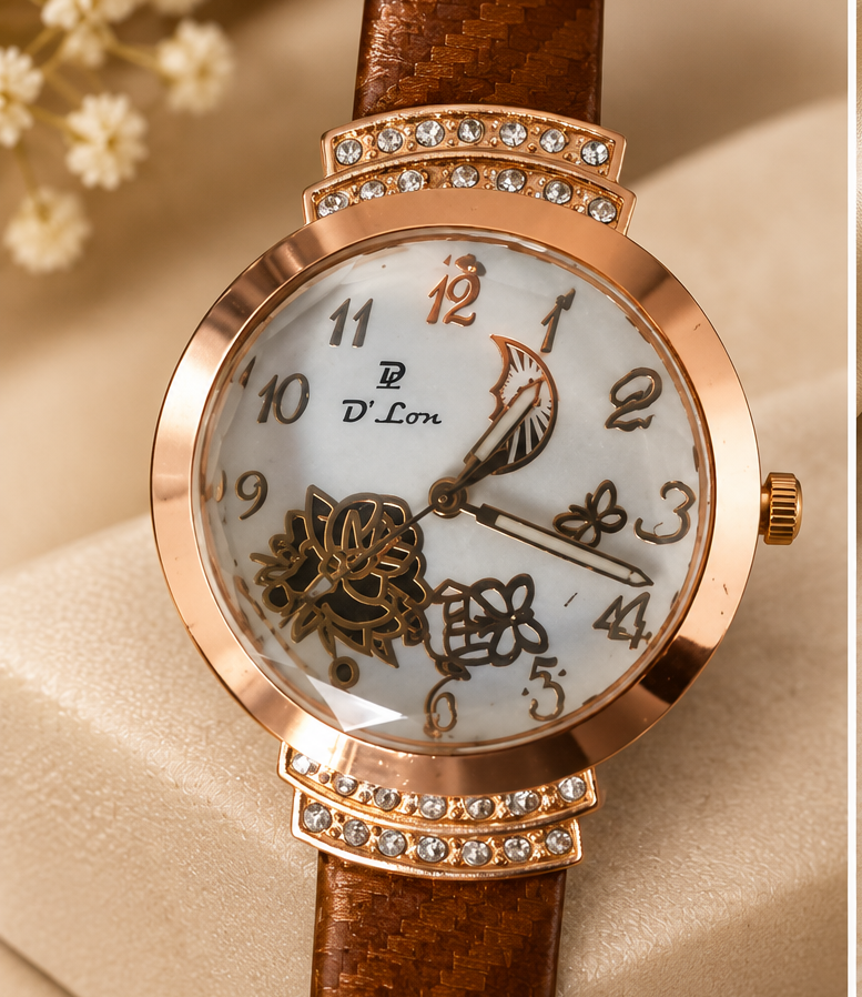 D'Lon Rose Gold Floral Crystal Watch