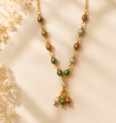 Gold Multicolor Enamel Bead Tassel Necklace