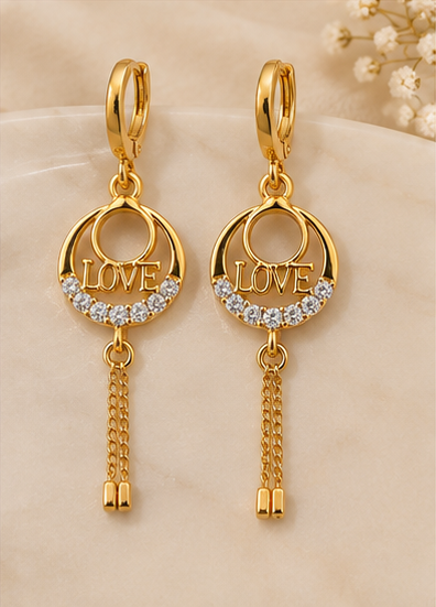 Gold Love Circle CZ Crystal Chain Tassel Drop Earrings