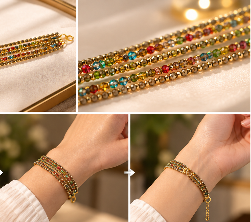 Multicolor Crystal Gold Beaded Layered Bracelet Set