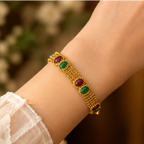 Gold Antique Ruby Emerald Oval Cabochon Mesh Bracelet