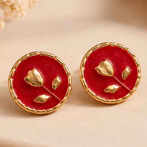 Red Enamel Gold Rose Leaf Round Stud Earrings