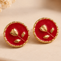 Red Enamel Gold Rose Leaf Round Stud Earrings
