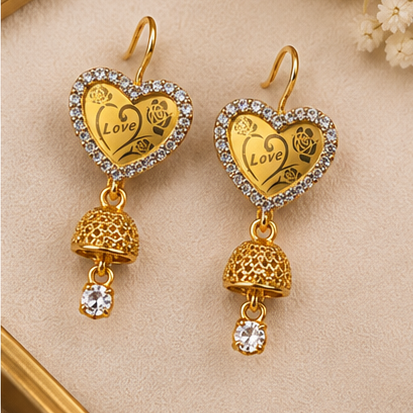 Gold Love Heart Crystal Jhumka Drop Earrings
