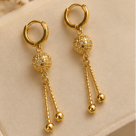 Gold Textured Disco Ball Chain Tassel Drop Earrings
