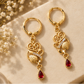 Gold Vintage Peacock Scroll Ruby Teardrop Drop Earrings