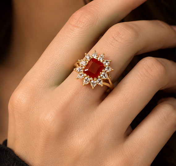 Ruby Sunburst Crystal Ring