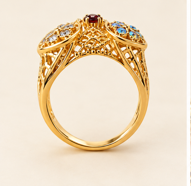 Gold Dual Teardrop Filigree Crystal Ring