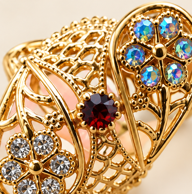 Gold Dual Teardrop Filigree Crystal Ring