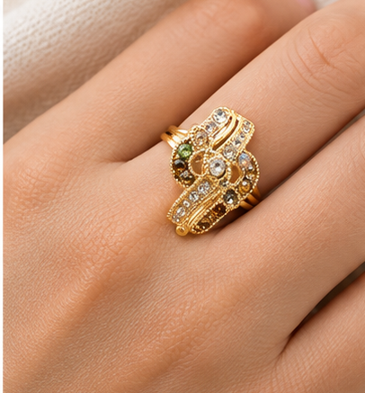 Gold Crossover Multicolour Crystal Cocktail Ring