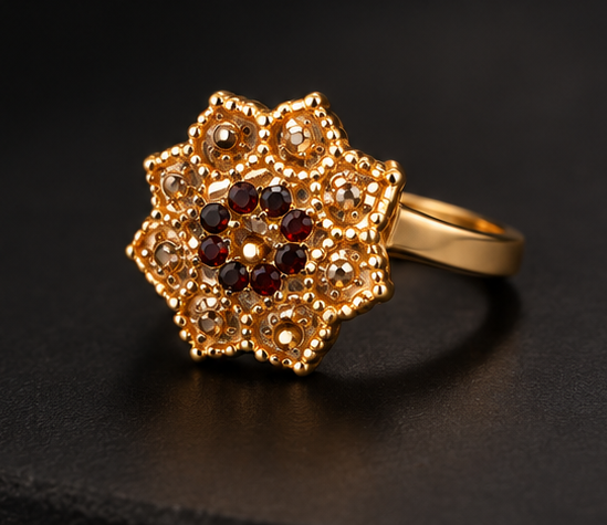 Gold Eight-Petal Floral Ruby Cluster Ring