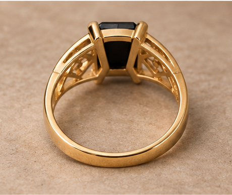 Gold Filigree Band Black Emerald-Cut Stone Ring