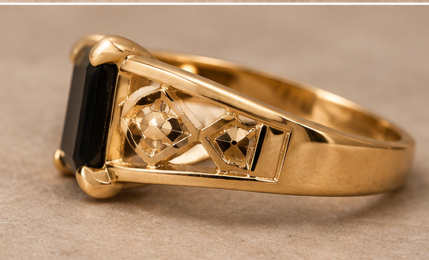 Gold Filigree Band Black Emerald-Cut Stone Ring