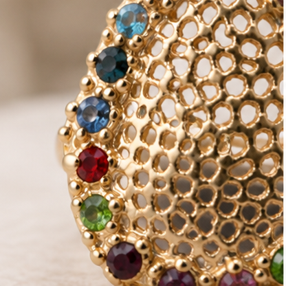 Gold Teardrop Dome Rainbow Gemstone Border Ring