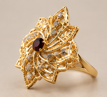 Gold Open Marquise Petal Star Ring with Ruby Centre