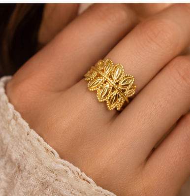 Gold Fern Leaf Wide Band Ring