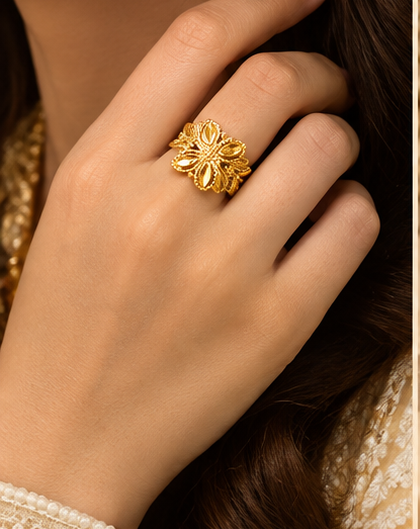Gold Double Floral Wide Band Ring