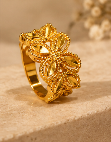Gold Double Floral Wide Band Ring