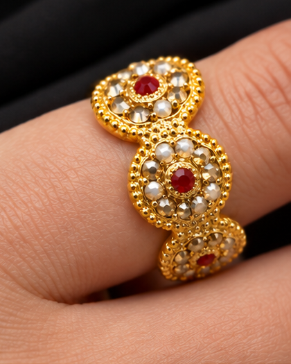 Gold Triple Floral Pearl & Ruby Ring