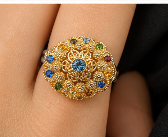 Gold Multicolour Crystal Dome Cocktail Ring