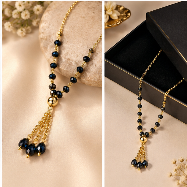 Black Crystal Bead Gold Tassel Necklace