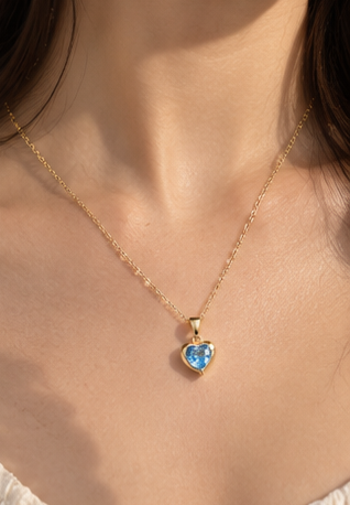 Gold Blue Heart Crystal Pendant Necklace
