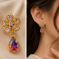 Gold Crystal Flower Aurora Teardrop Earrings
