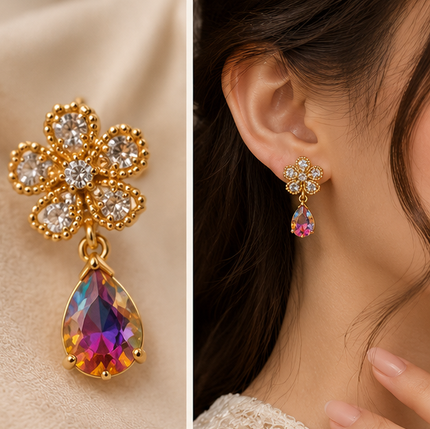 Gold Crystal Flower Aurora Teardrop Earrings