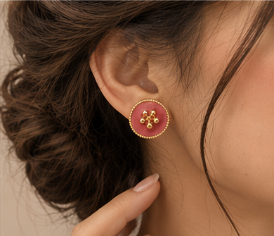 Pink Enamel Gold Flower Cluster Stud Earrings