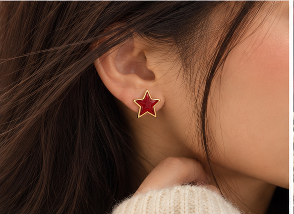 Red Enamel Gold Star Stud Earrings