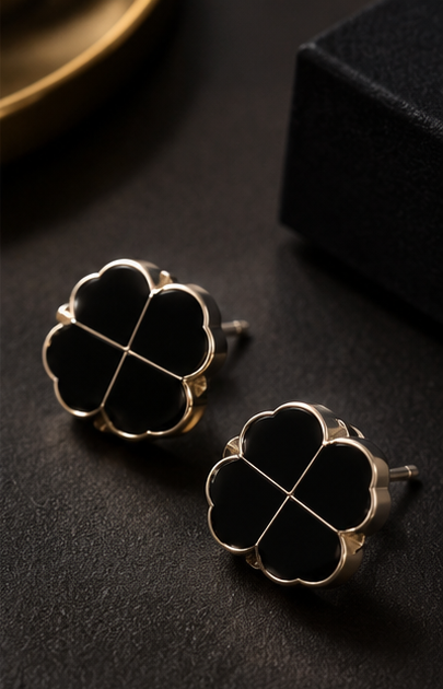 Black Enamel Gold Clover Stud Earrings