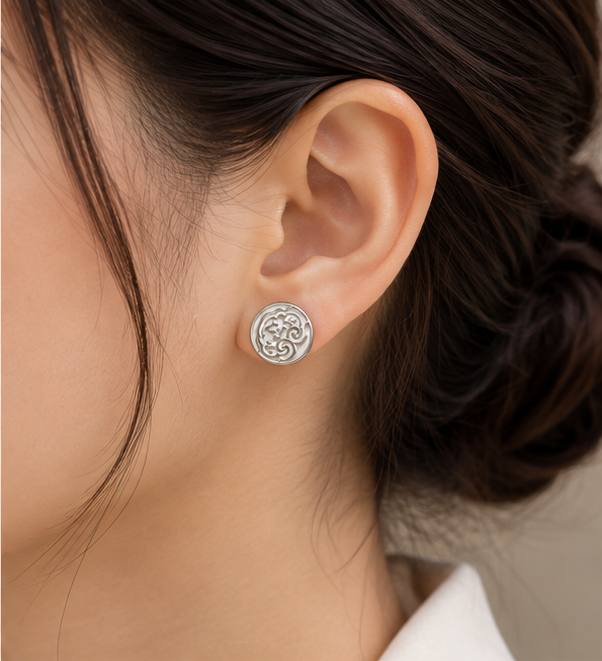 Silver Vintage Floral Scroll Coin Stud Earrings