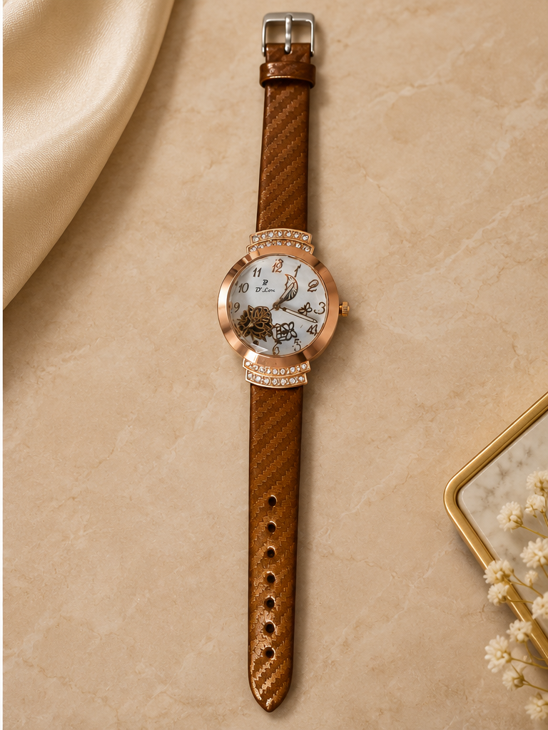 D'Lon Rose Gold Floral Crystal Watch
