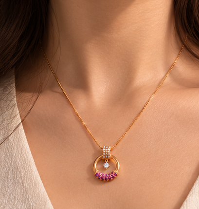 Gold Circle Pink Crystal Pendant Necklace