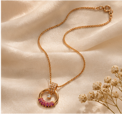 Gold Circle Pink Crystal Pendant Necklace