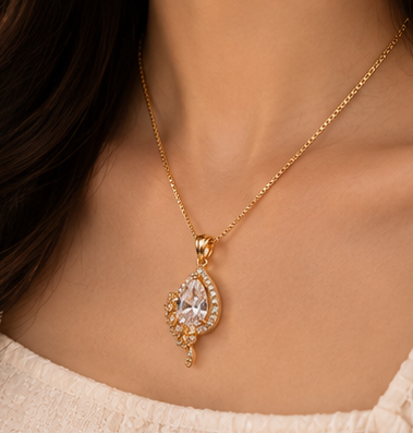 Gold Teardrop Crystal Halo Pendant Necklace